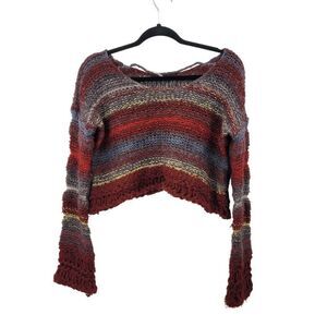 Free People Wool Multicolor Striped Knit Sweater 3/4 Cropped Pullover XS Red